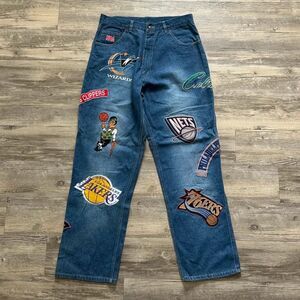 Vintage 90s UNK NBA Team Logos All Over Print Denim Jeans Size 34x32